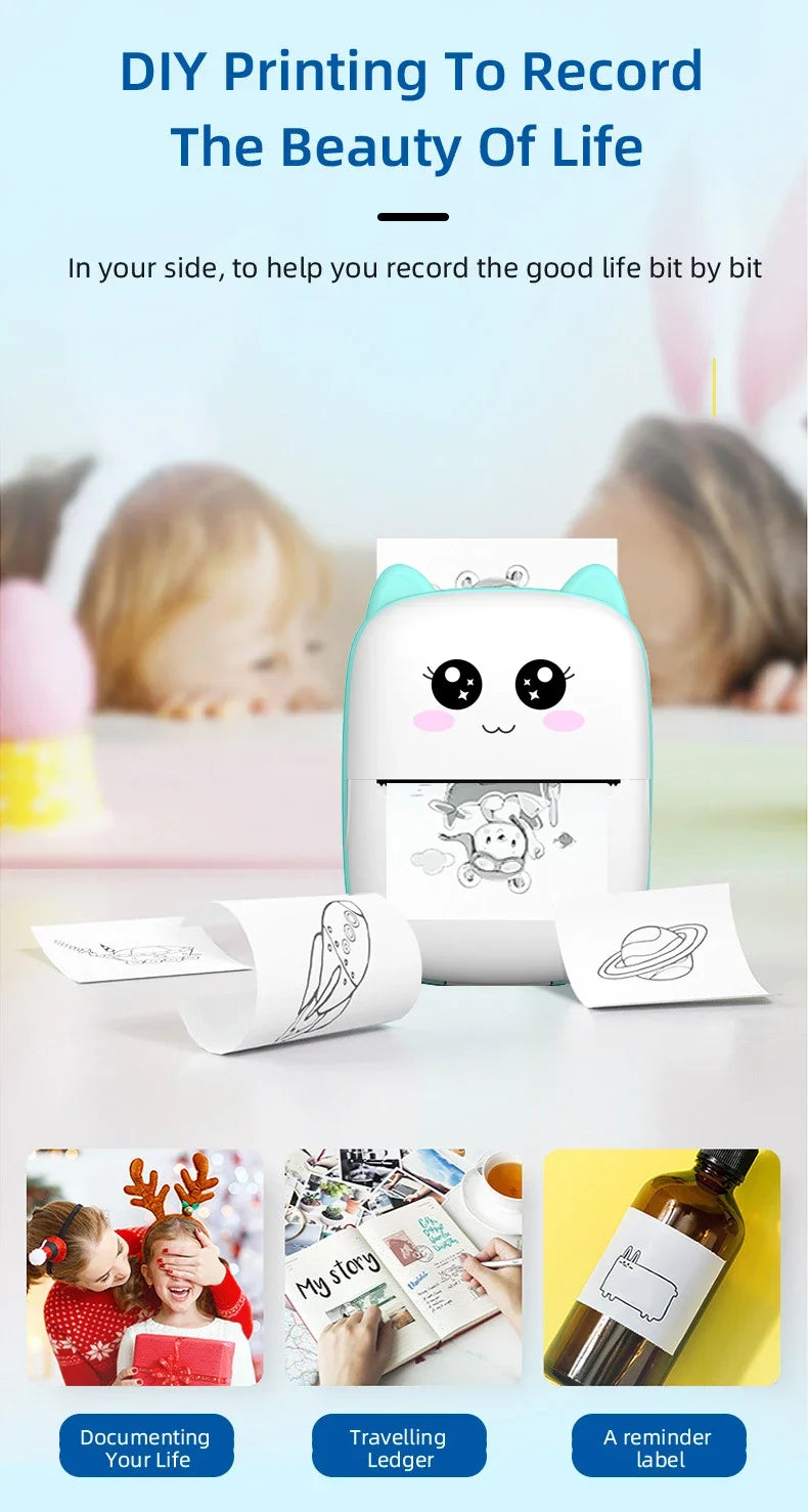 Mini Taşınabilir Termal Yazıcı – Bluetooth Kablosuz, Mürekkepsiz 200dpi Cep Tipi Etiket & Not Yazıcı