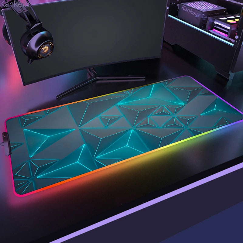 RGB LED Işıklı XXL Gaming Mouse Pad (90x40cm) – Geometrik Tasarım, Kaymaz Taban, Masa Üstü Mouse & Klavye Matı
